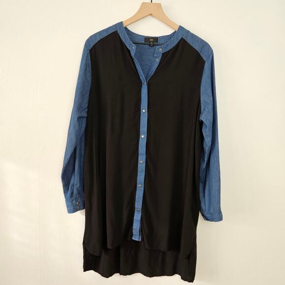 Ellos Denim Trim Tunic Top M 14/16 Plus Blue Black‎ Shirt Long Sleeve - Picture 1 of 8